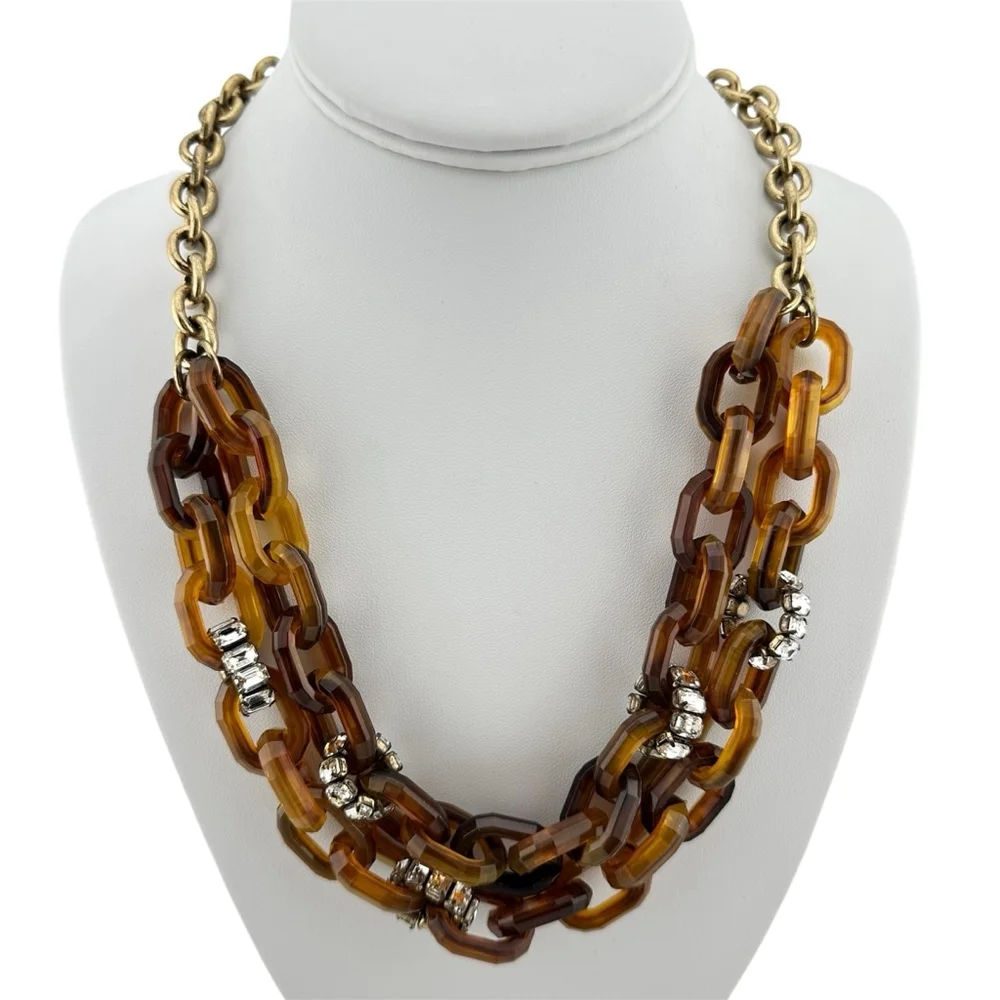 J.Crew Tortoiseshell Chunky Chain Link Necklace with Baguette Rhinestones